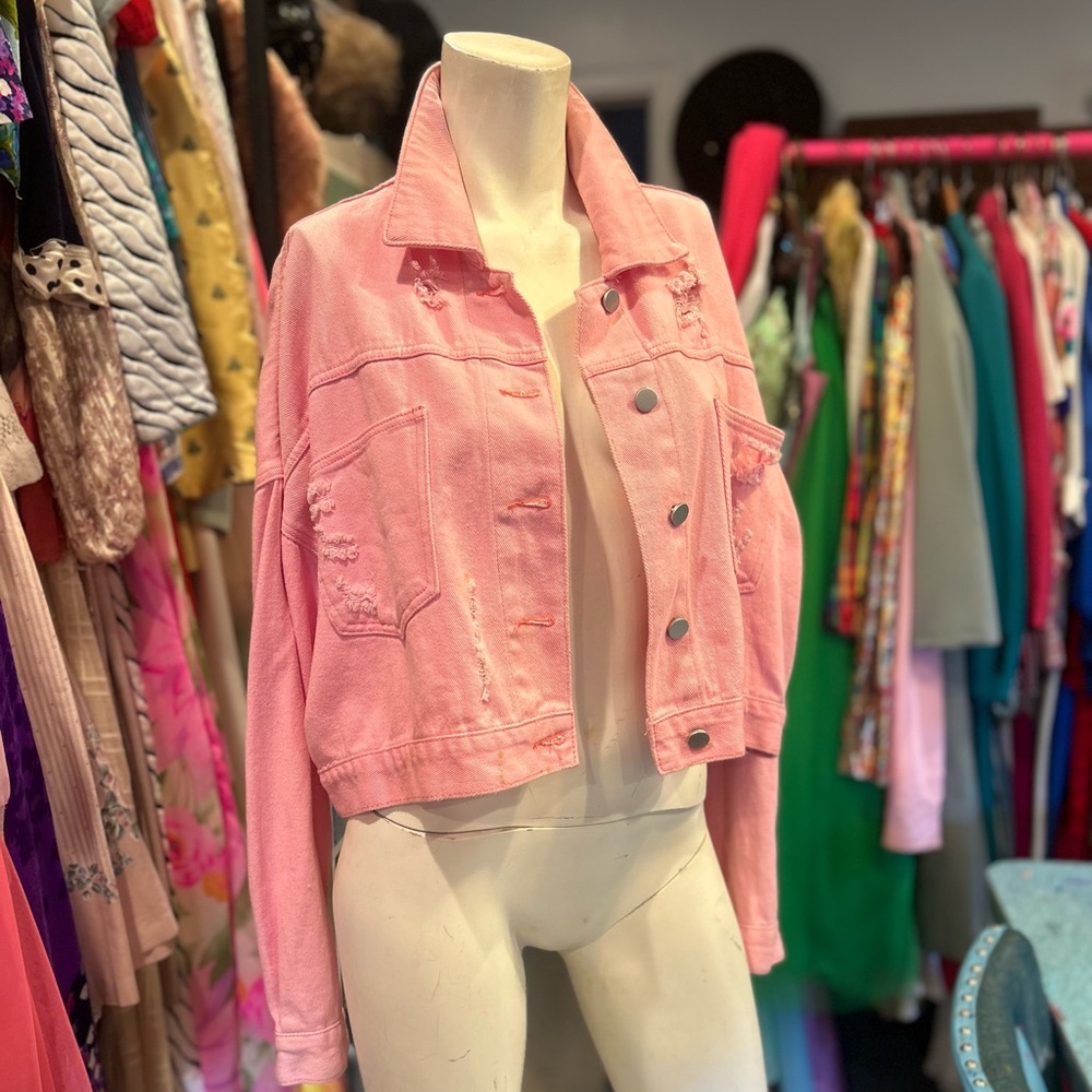 Pink Diamond Fringe Distressed Denim Jacket - Picture 9 of 16